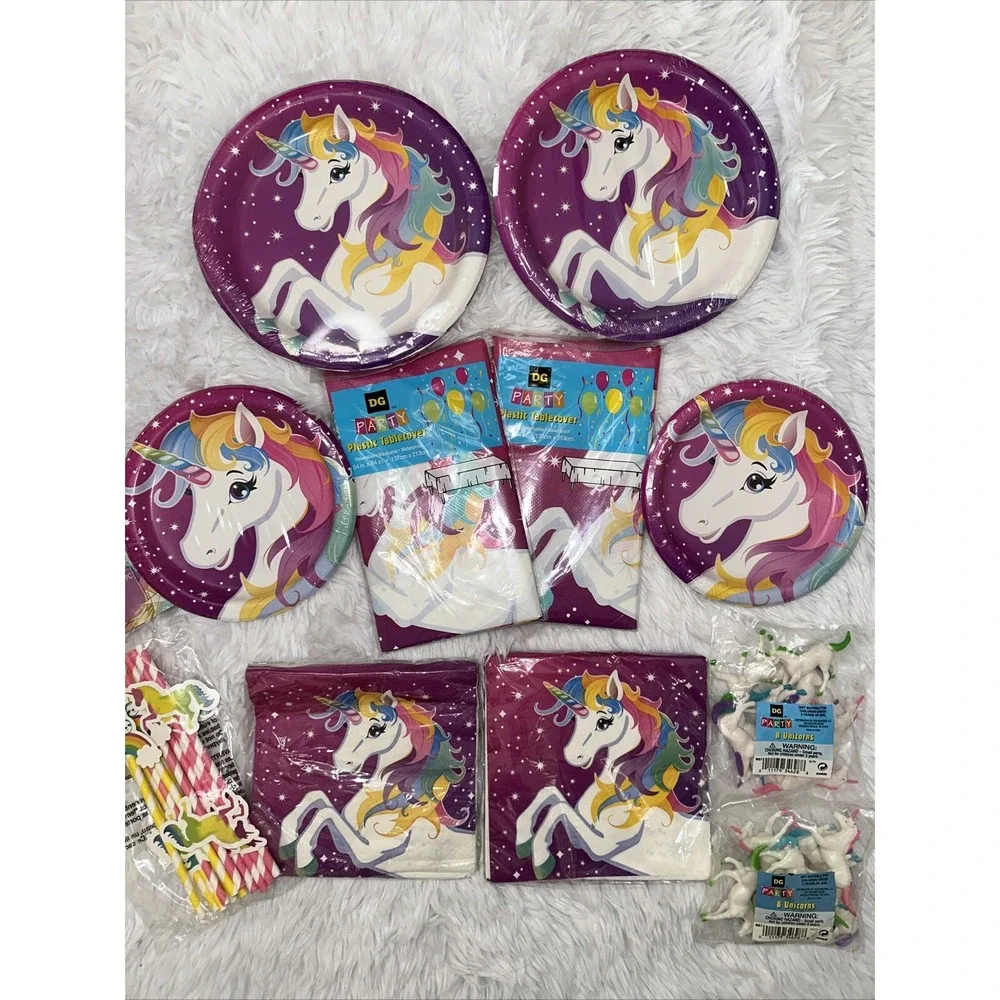 NEW DG Party Unicorn Pink Dessert Plates Tablecovers Table Cloths Napkins Favor